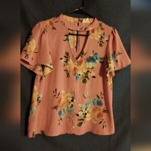 Pink & Floral Short-Sleeve Blouse Size SMALL